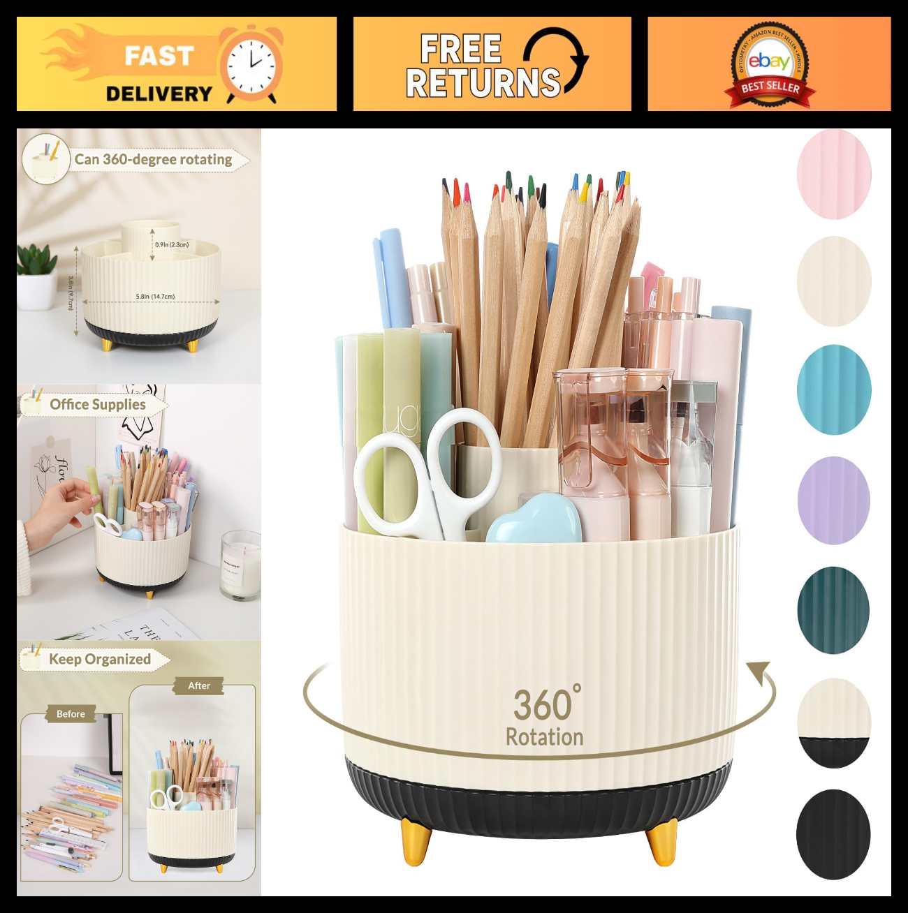 360° Rotating Organizer   Dual Purpose Pencil Pen Holder, 5 Slot Cup for Office,0
