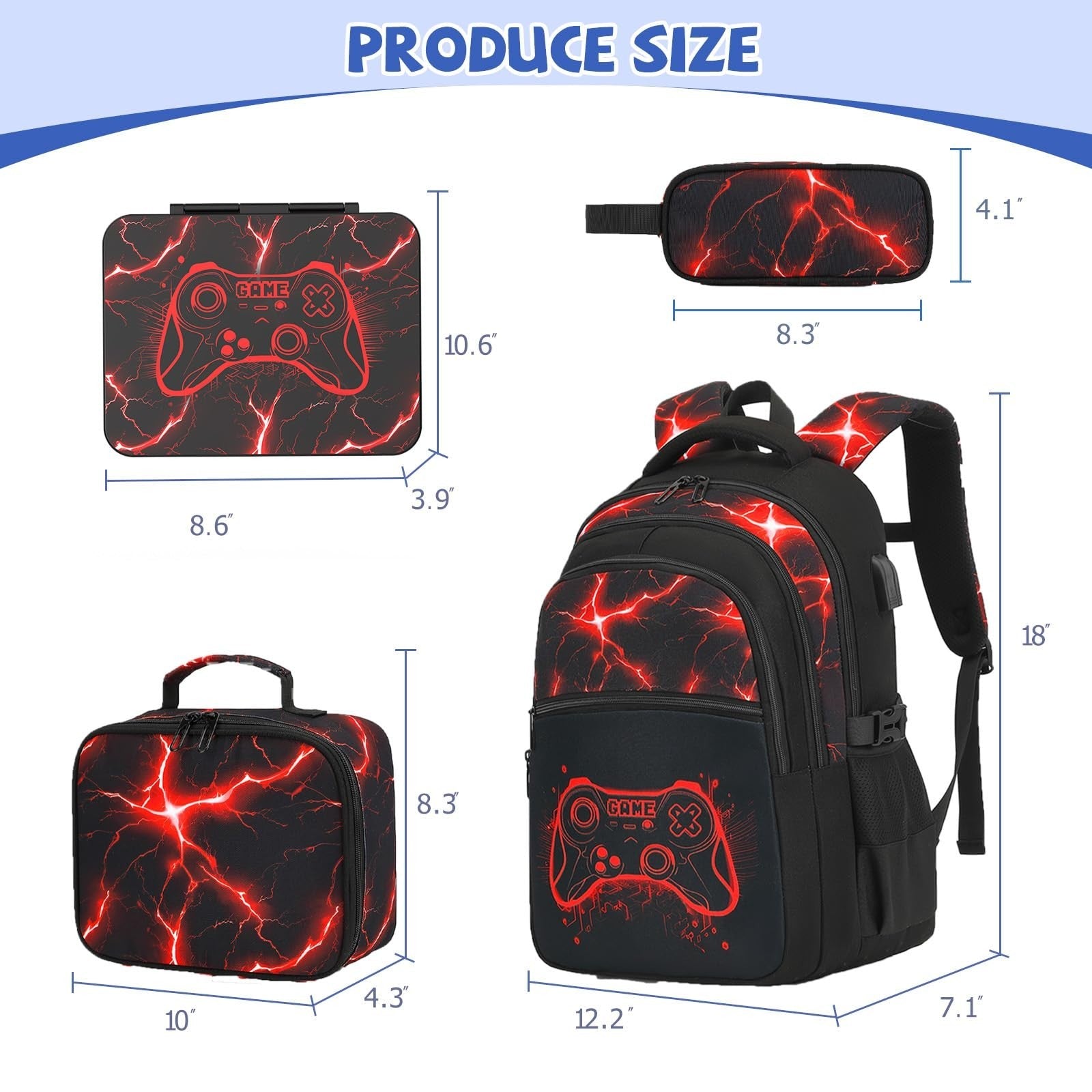 Cool Luminous Gamer Backpack Set for Boys   6PCS with Lunch Bag & Pencil Case, S1