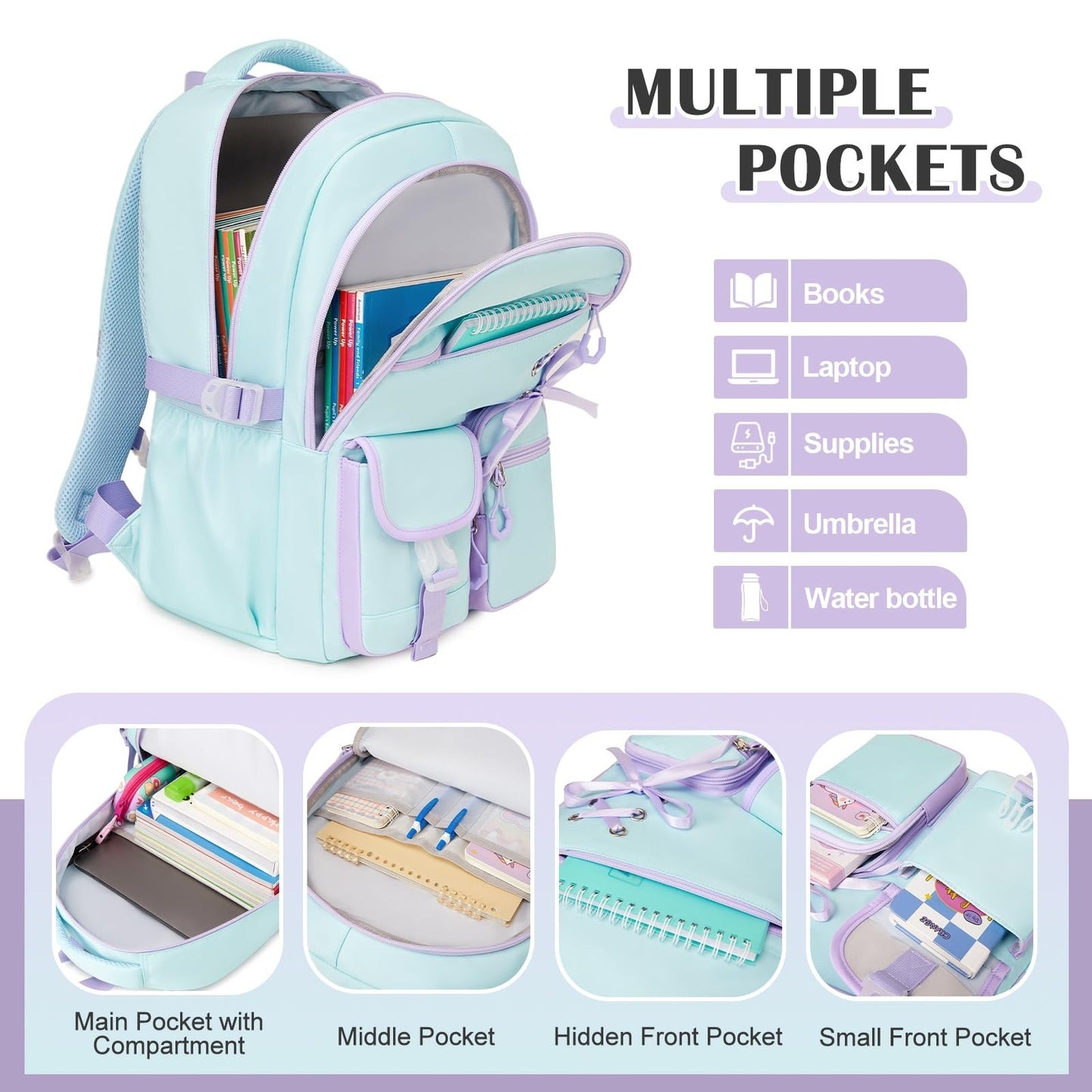 Girls' Backpacks Set   6PCS with Bento Box, Lunch Bag & Pencil Pouch   Aquamarin5