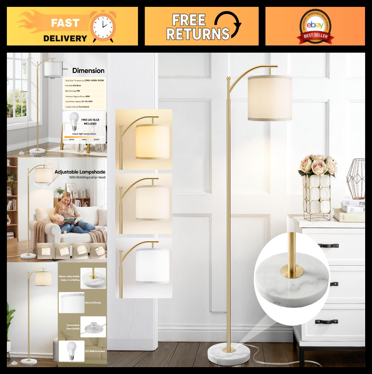 Modern Gold Floor Lamp with Marble Base, Adjustable Linen Shade, 3 Color Tempera0