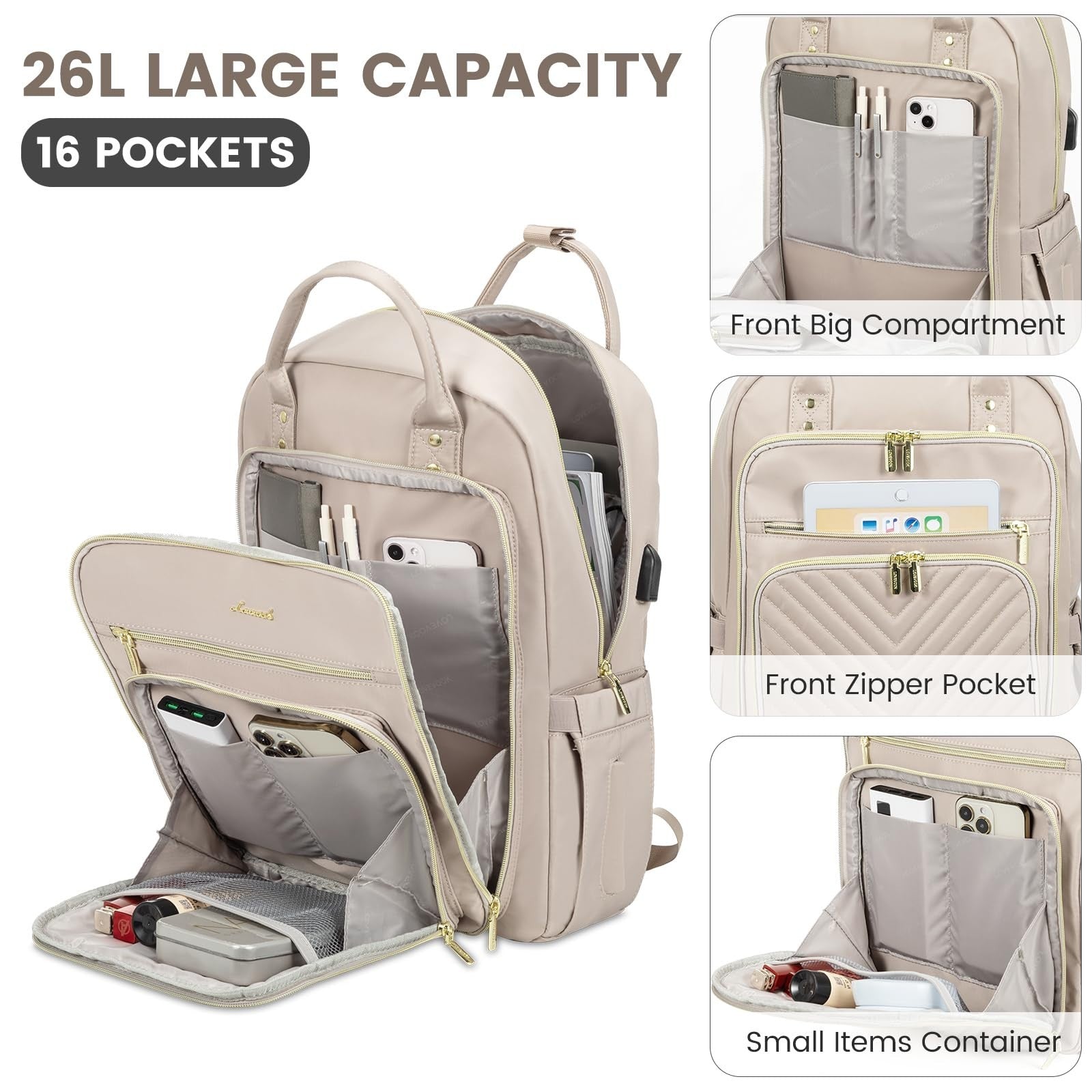 Stylish Water Resistant Laptop Backpack for Women, USB Charging, Travel Work Bag3