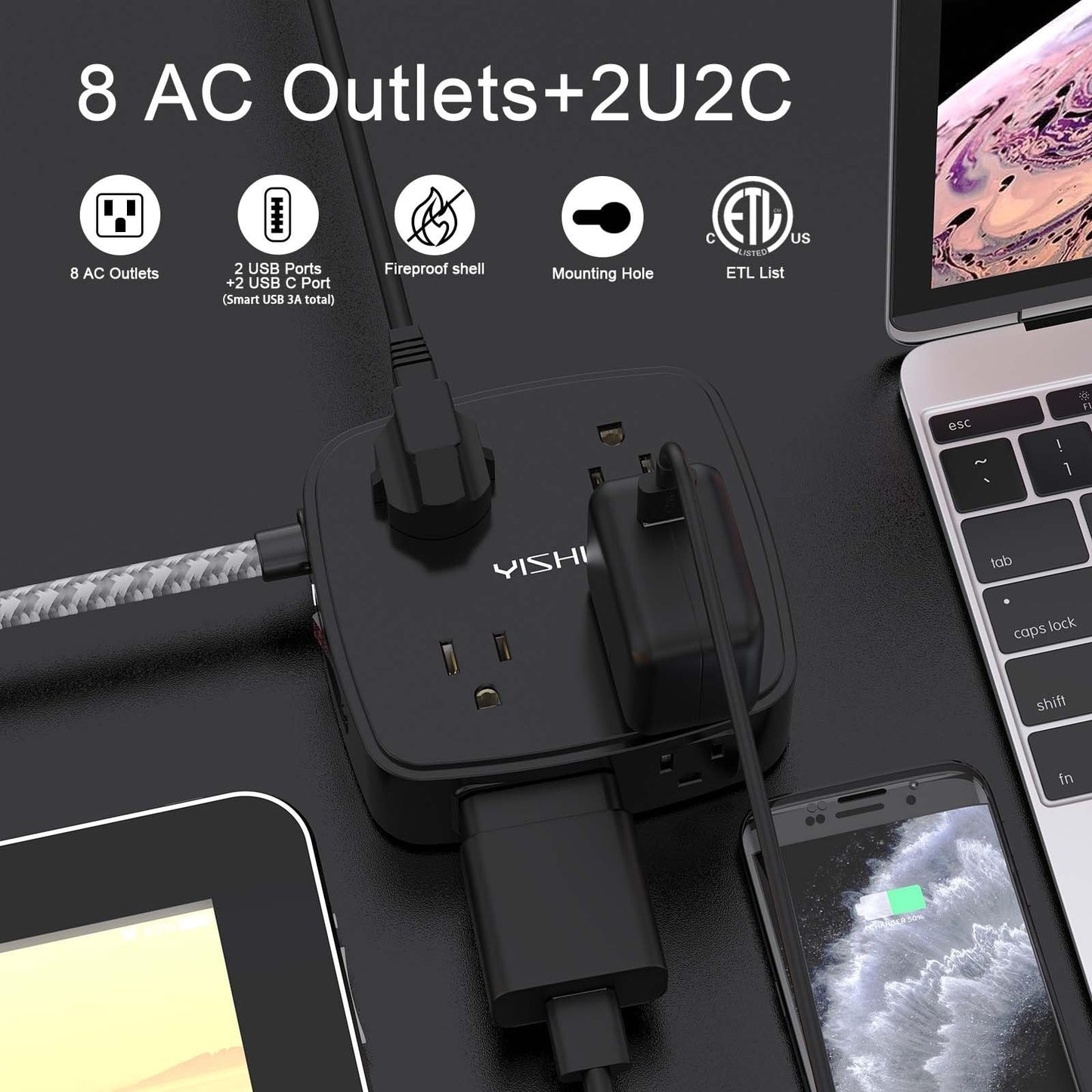 8 Outlet Surge Protector Power Strip with 4 USB Ports, 10FT Braided Cord, Flat P2
