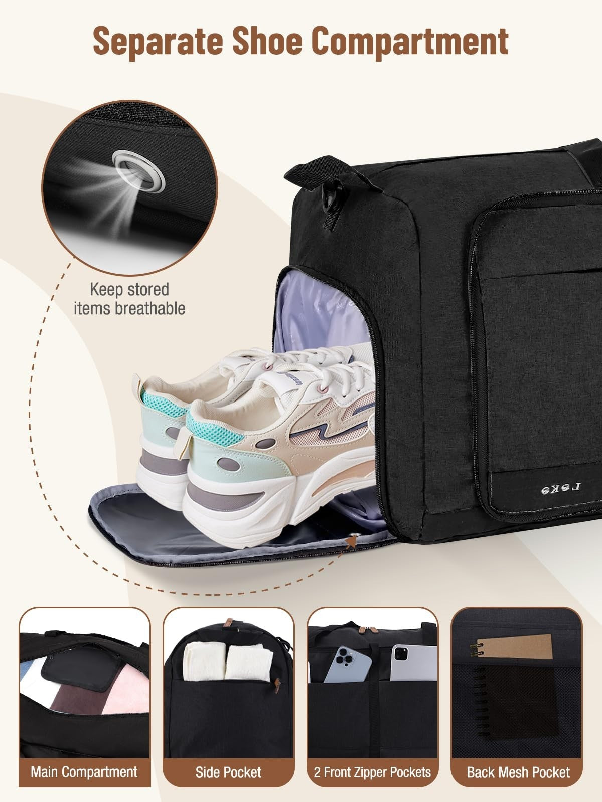 60L Foldable Travel Duffle Bag for Women - Large Weekend Carry-On, Shoes Compart3