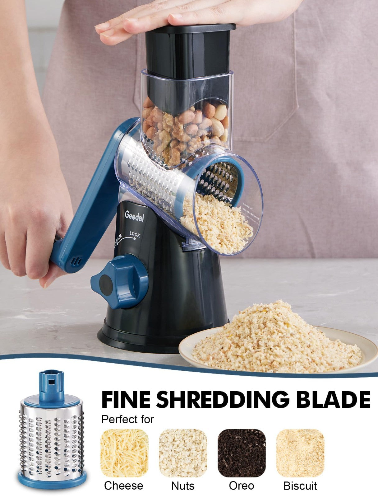 Rotary Cheese Grater & Vegetable Slicer   3 Blades, Easy Clean, Suction Base, BP6
