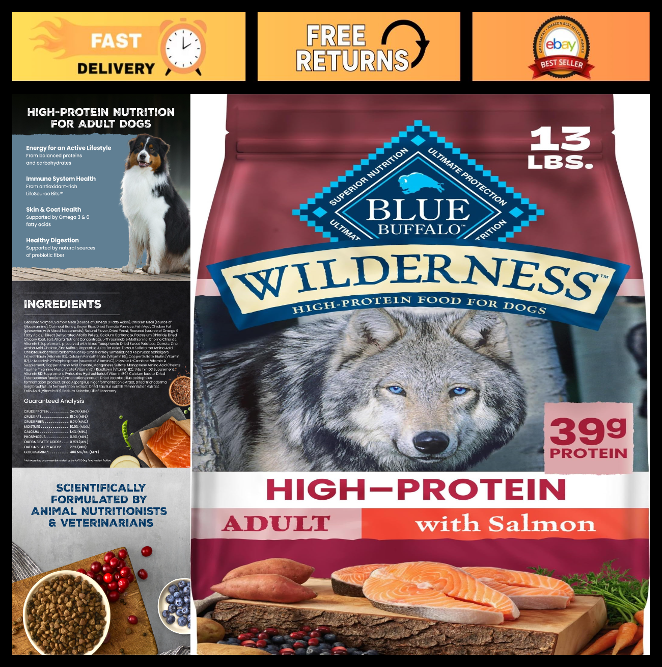 Grain Free Salmon & Wholesome Grains Adult Dry Dog Food, 13 lb   High Protein, N0