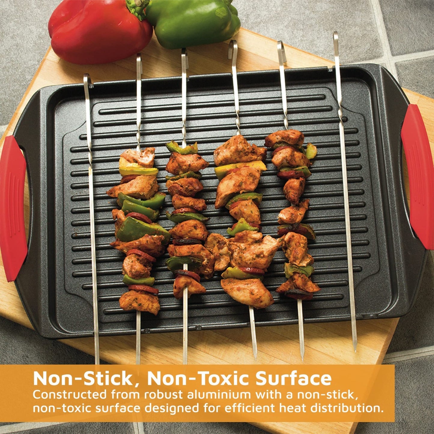Cast Aluminum Griddle with Handles & 6 Stainless Steel Skewers for Grilling2