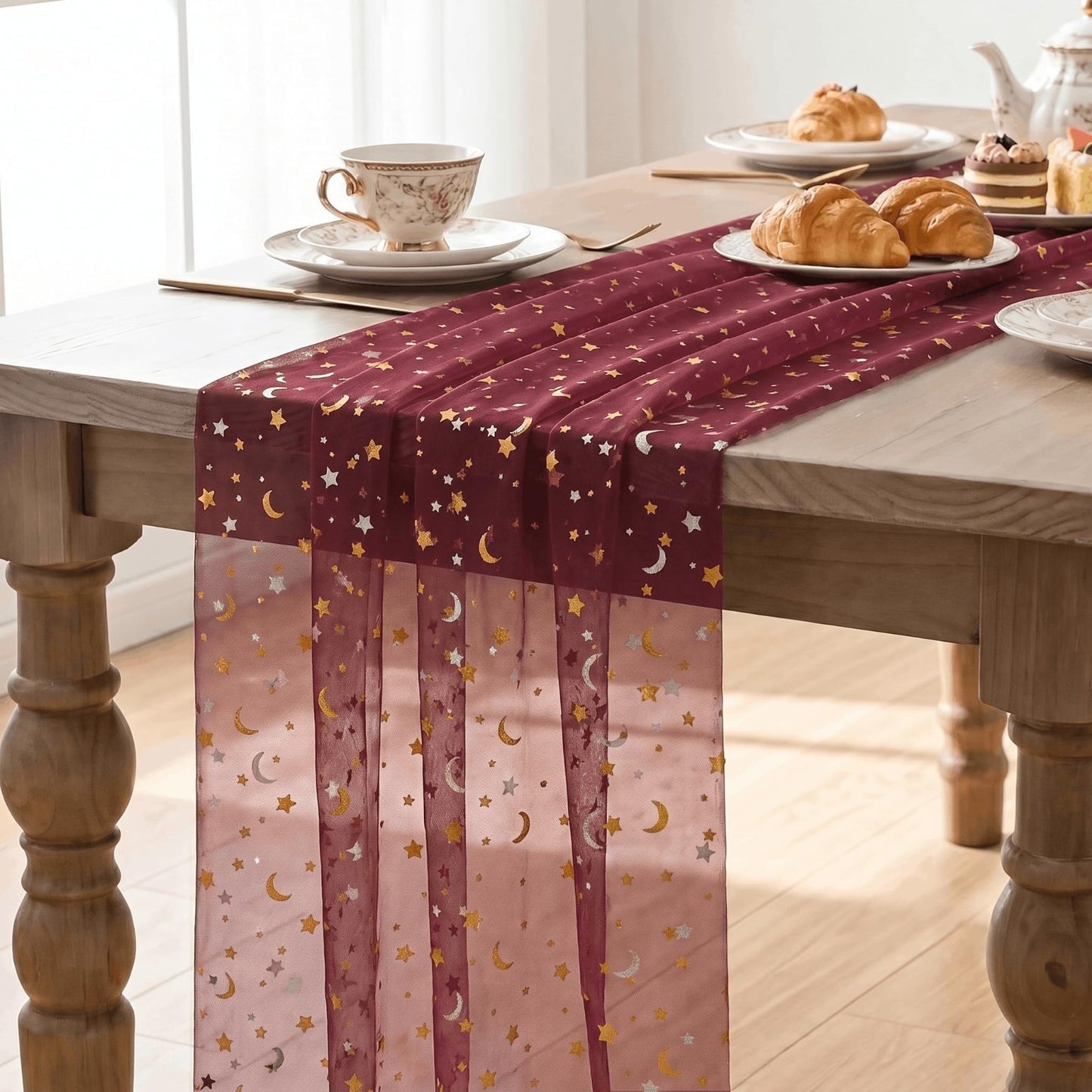 Burgundy Star Moon Table Runner 10FT - Glitter Foil Sheer Dining Decor for Parti3