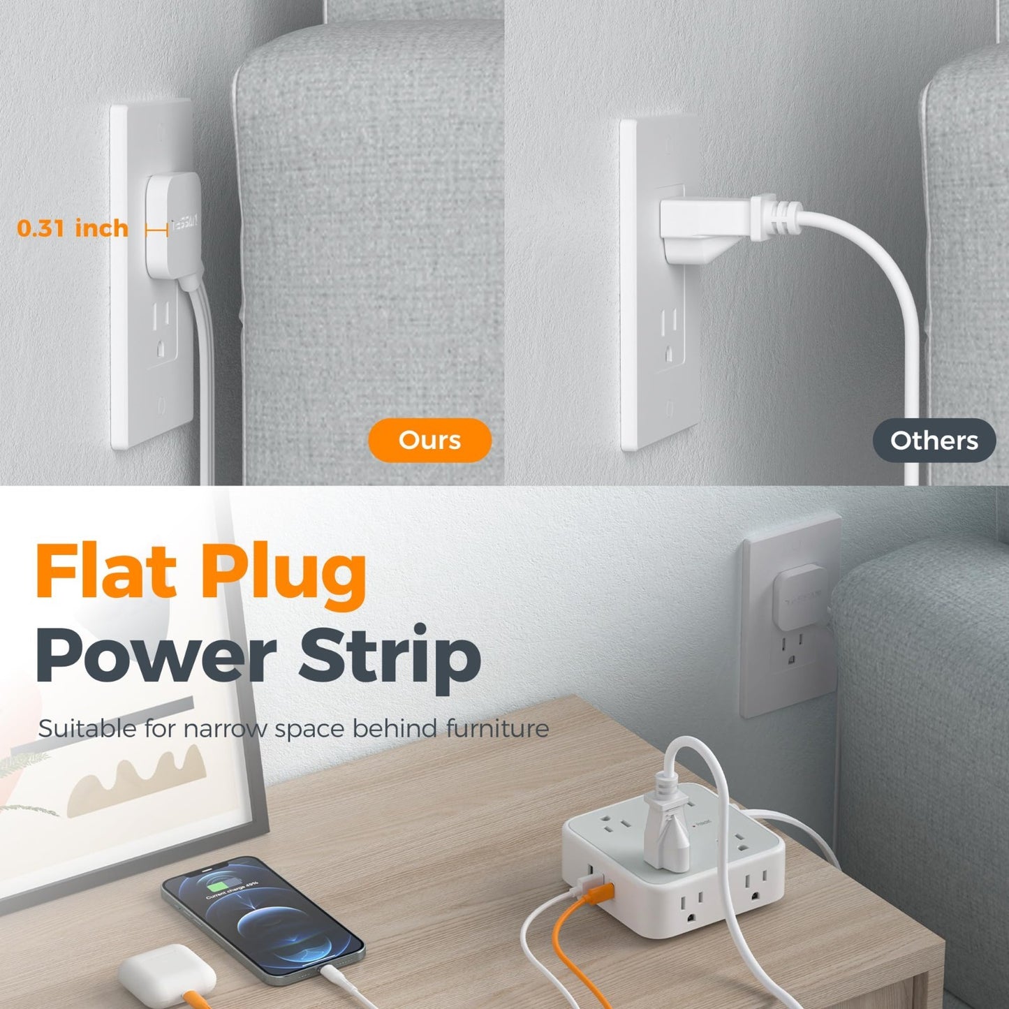 Surge Protector Power Strip 900J Protection, 5 Ft, 6 Outlets, Grey Color6