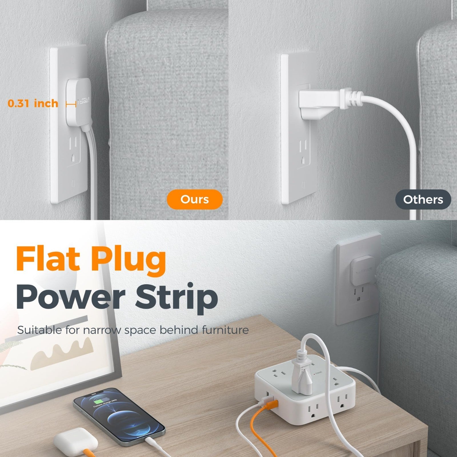 Surge Protector Power Strip 900J Protection, 5 Ft, 6 Outlets, Grey Color6
