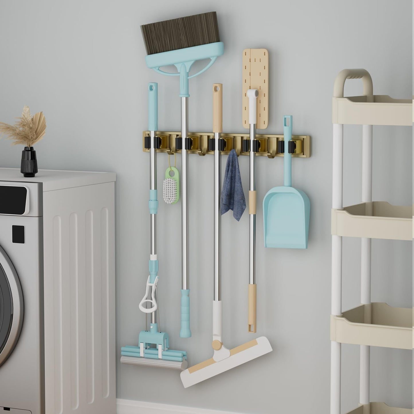 Wall Mount Broom Holder & Mop Hanger Organizer - 5 Racks & 4 Hooks Storage Solut2