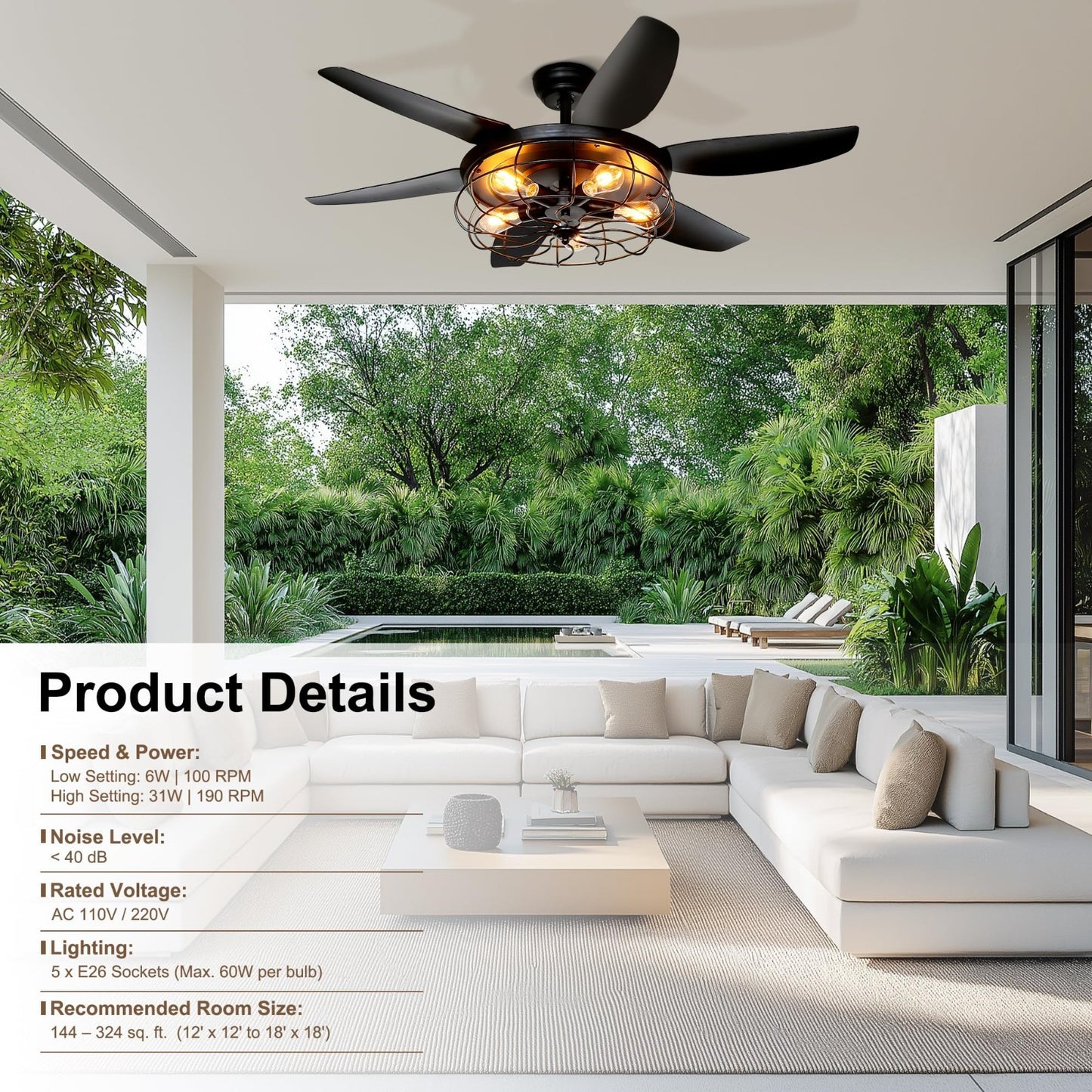 52" Rustic Farmhouse Ceiling Fan with Lights & Remote | Caged Fixture for Indoor3