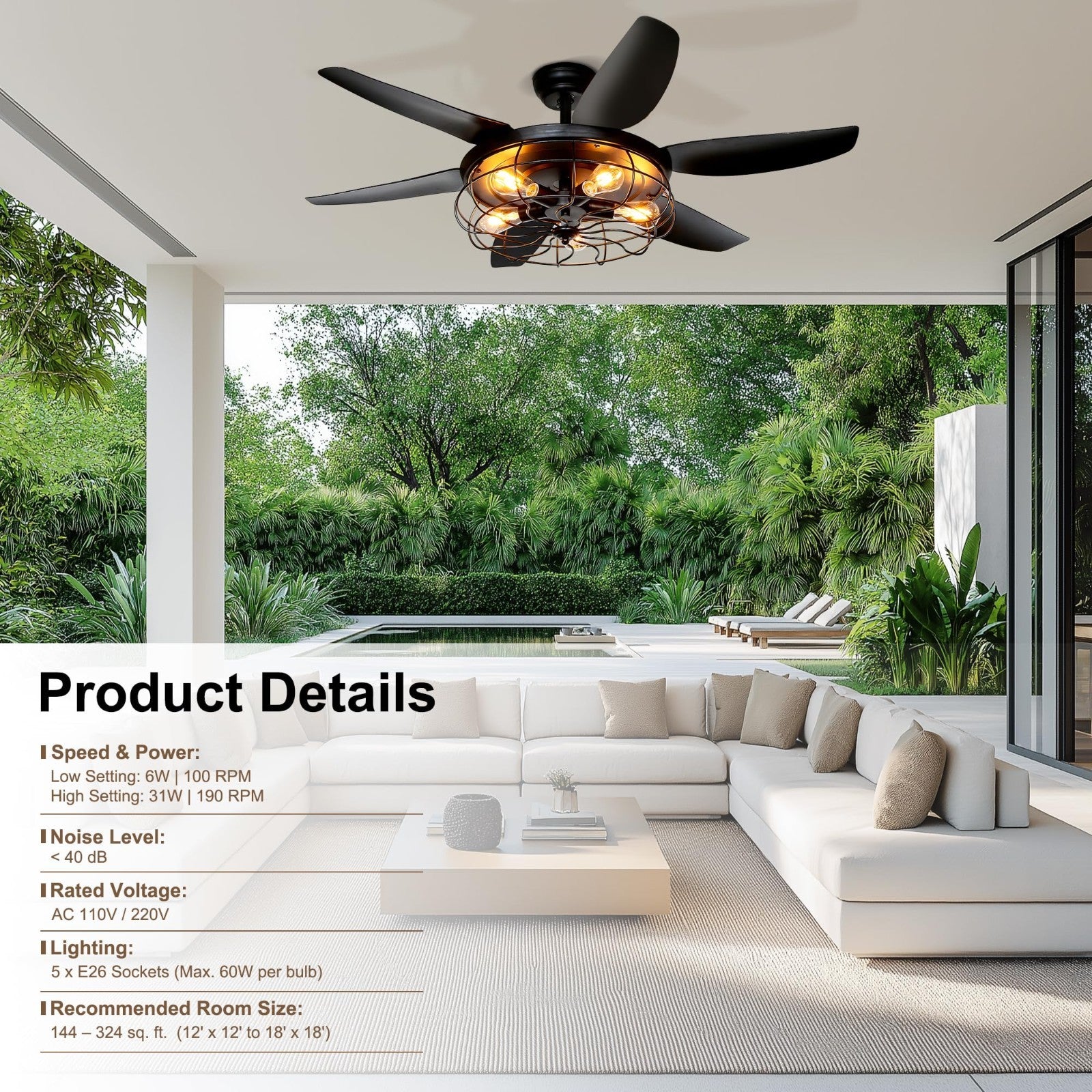 52" Rustic Farmhouse Ceiling Fan with Lights & Remote | Caged Fixture for Indoor3
