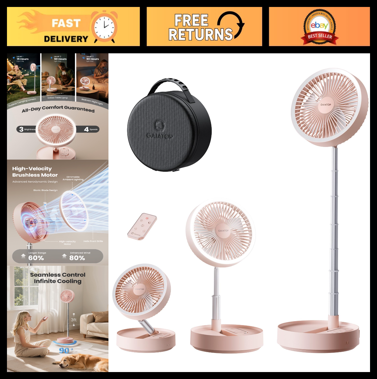 Portable Oscillating Fan with 16000mAh Battery, 74h Runtime, LED Light, Remote,0