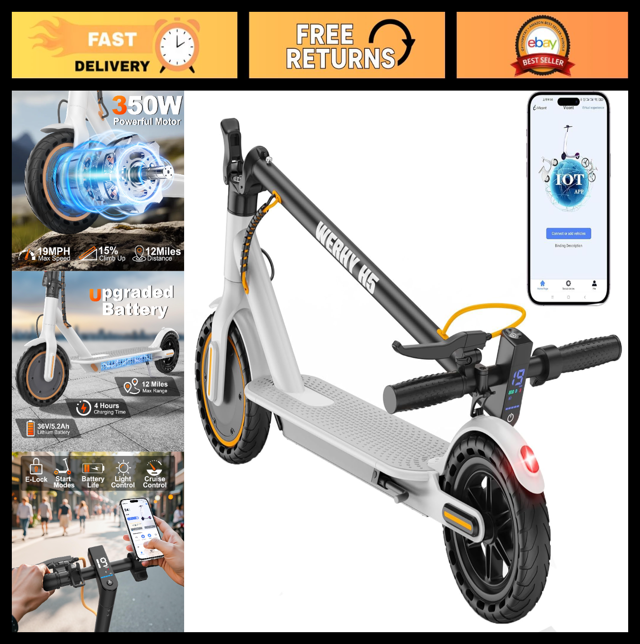 Powerful Electric Scooter 500W/350W Motor, 19MPH Speed, 16-27 Miles Range, Foldi0