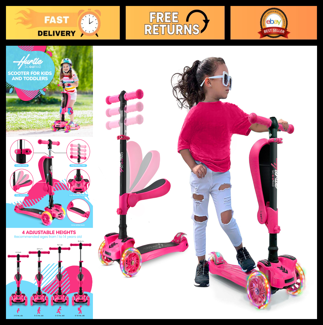3-Wheeled Kids Scooter with LED Lights, Adjustable Handlebar, Foldable Seat - Si0