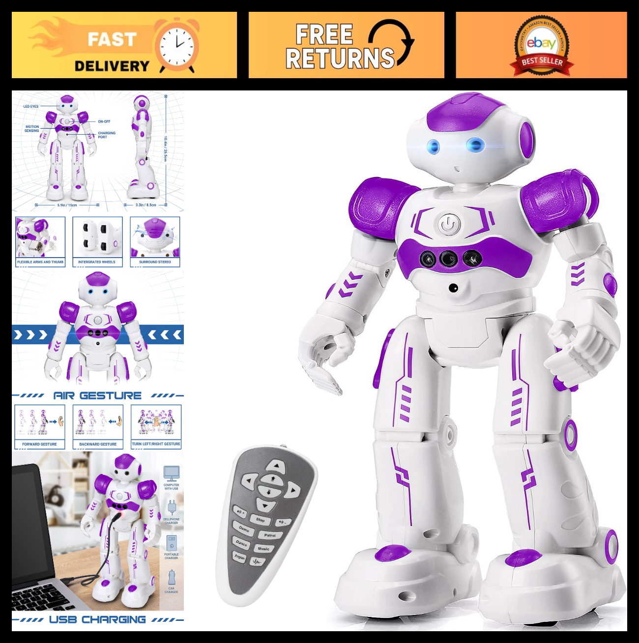 Programmable RC Robot Toy for Kids   Gesture Control Smart Robot, Ages 3 8, Purp0