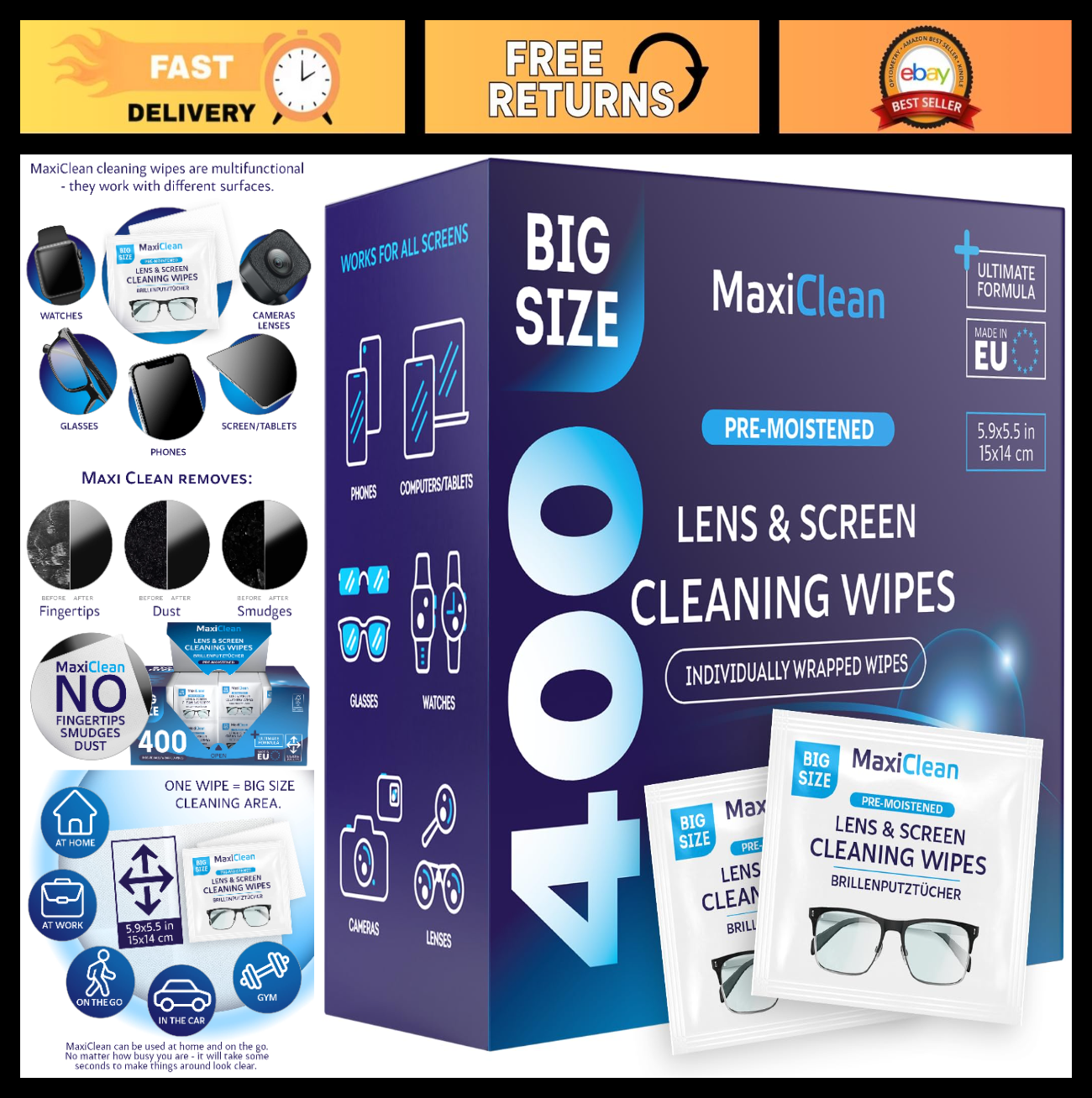 Pre-Moistened Lens Wipes - 400 Individually Wrapped Glasses & Screen Cleaners -0