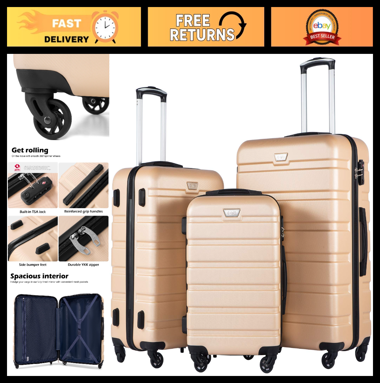 Lightweight 3-Piece Hardshell Luggage Set, 360° Spinner Wheels, TSA Lock, Champa0