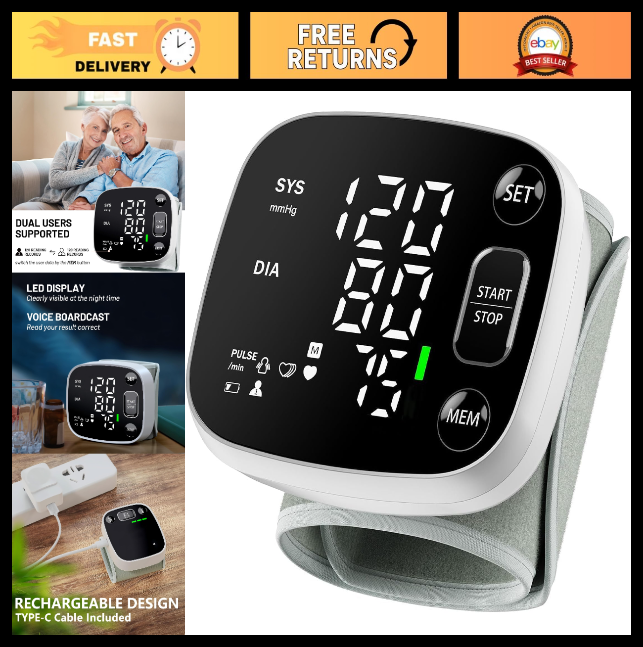 Rechargeable Wrist Blood Pressure Monitor   FDA Cleared, Adjustable Cuff, 240 Me0