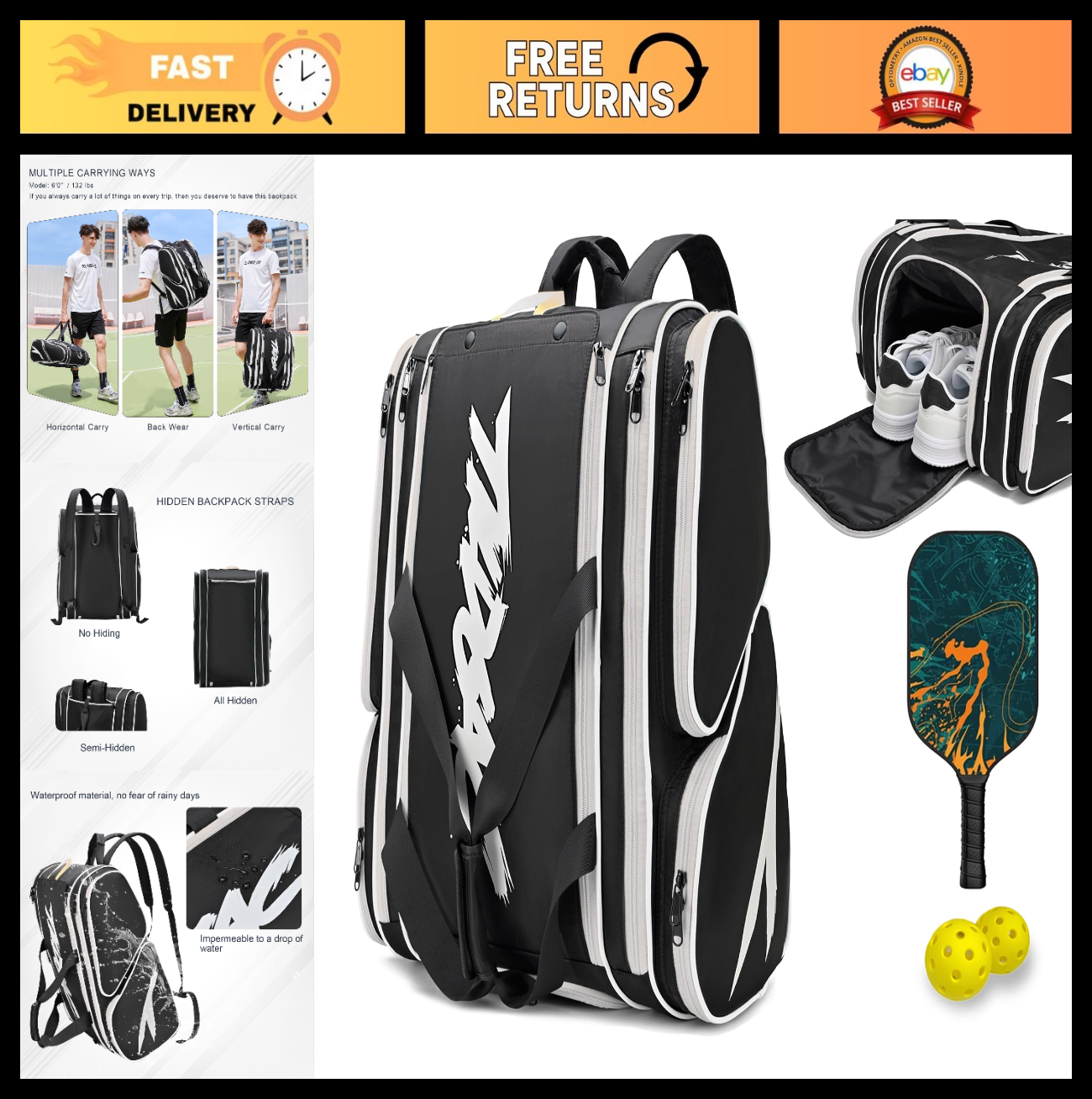 Large Pickleball Paddle Bag for 4 Paddles, Accessories, Shoe Compartment & Hook0