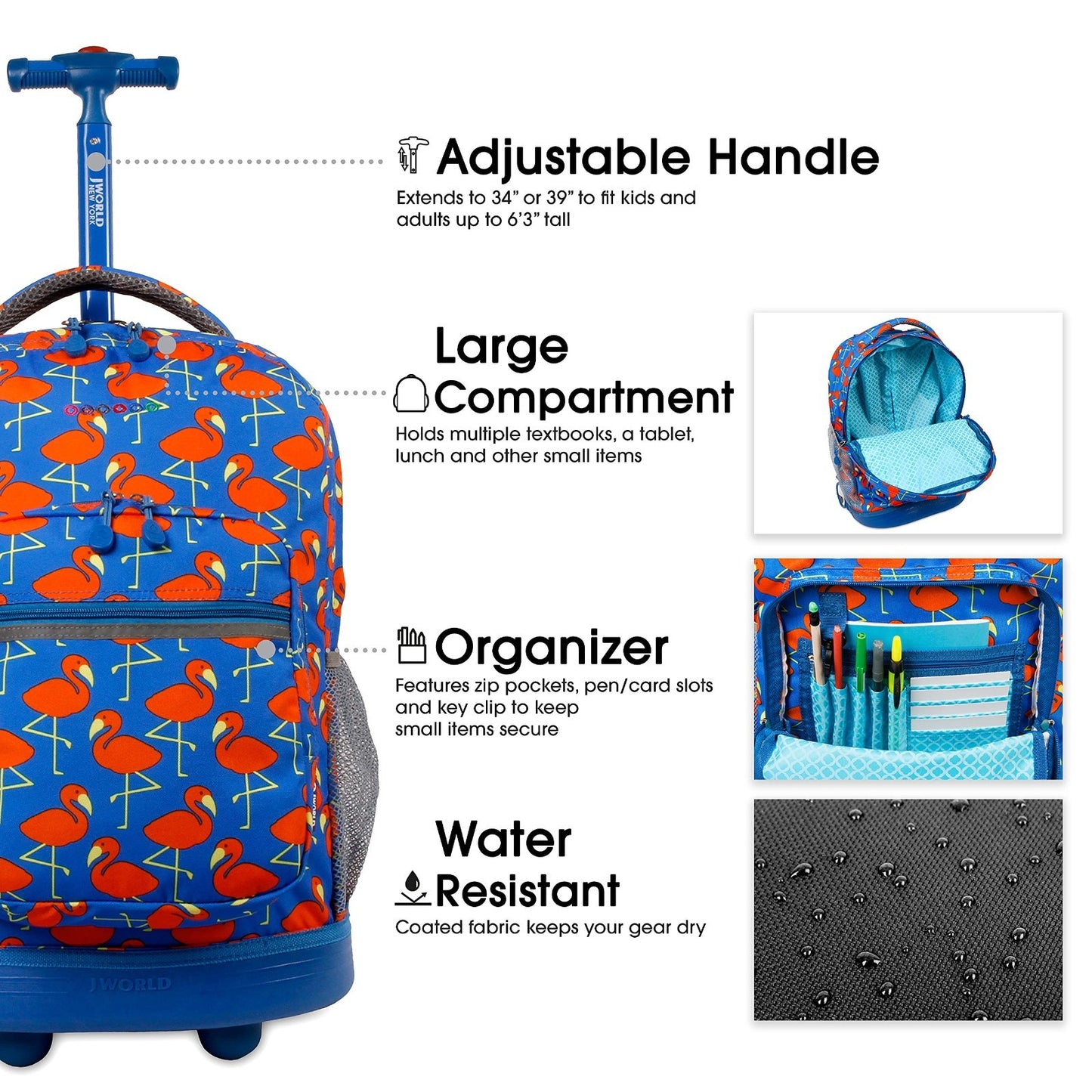 Kids Rolling Backpack with Wheels, 18" Bookbag for School, Flamingo Design, Unis5