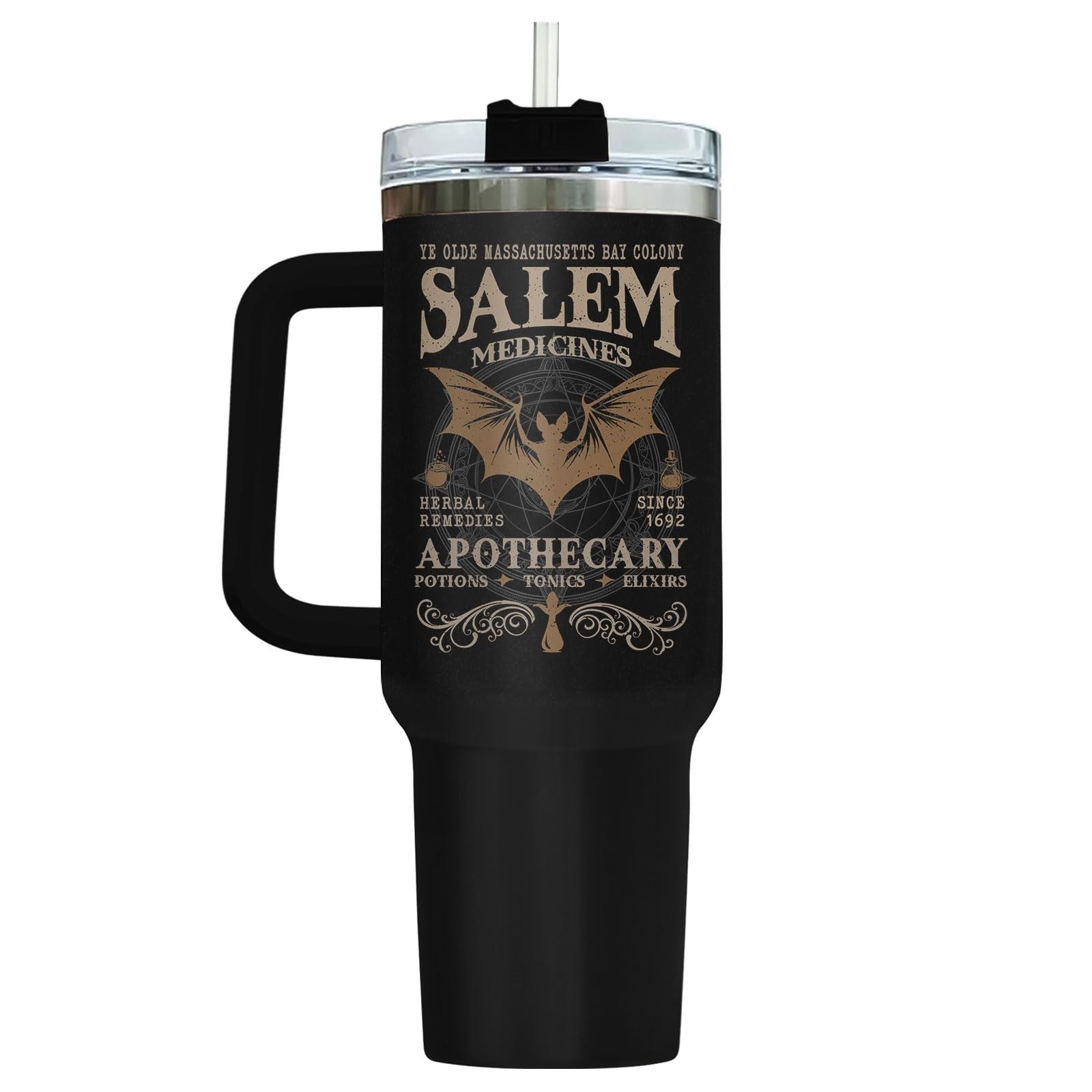 Gothic Insulated Travel Mug 40oz with Handle & Straw   Witch Themed Coffee Tumbl3