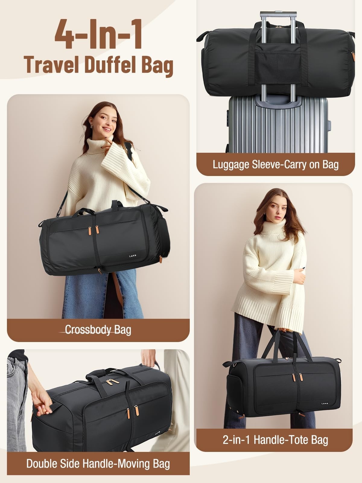 Large 80L Foldable Travel Duffle Bag for Women, Weekend Carry-On with Shoe Compa4
