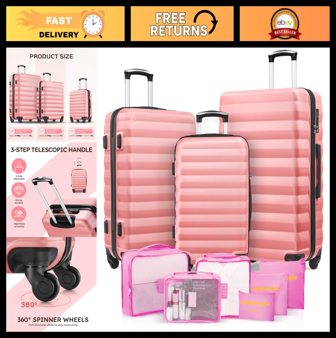 3 Piece Luggage Set for Women - ABS Hardshell Suitcase with Spinner Wheels & 6 P0