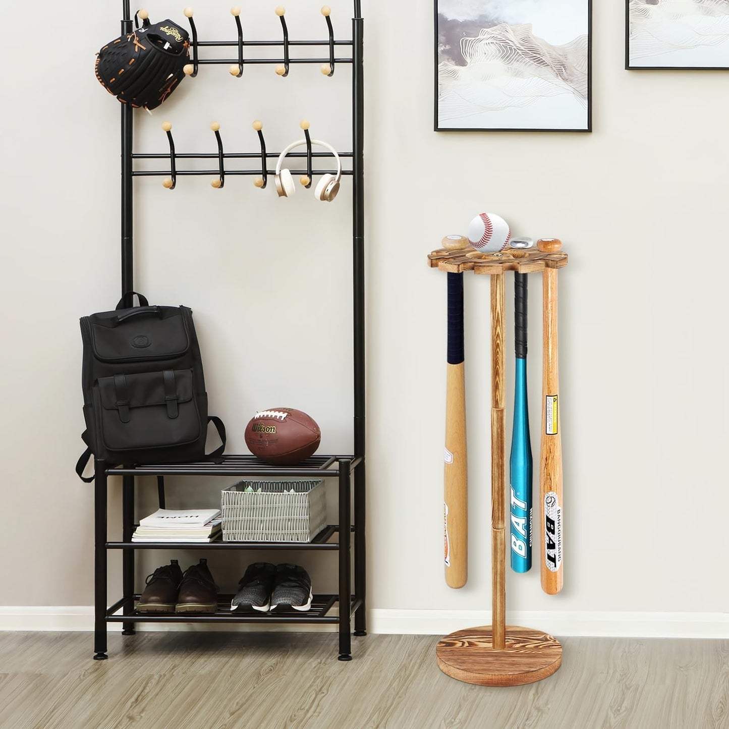 Baseball Bat Holder & Ball Display Shelf Rack   Organizer for 10 Bats, Wood Stan2