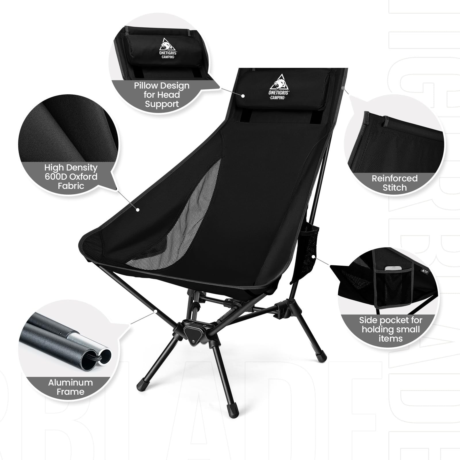High Back Camping Chair with Pillow, Comfortable Folding Seat, Portable Outdoor5