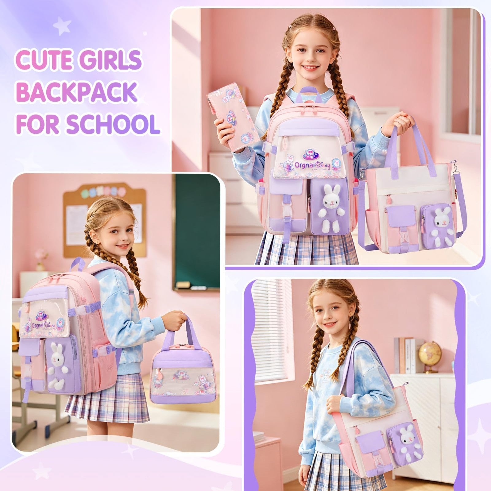 Kawaii Bunny Girls Backpack Set   4PCS School Bag, Tote, Lunch Box & Pencil Case7