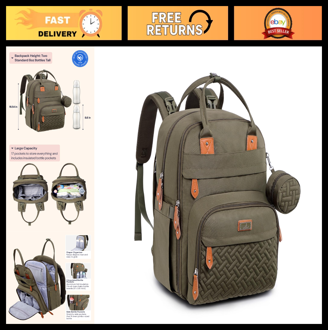 Multi Function Water Resistant Diaper Bag Backpack   Baby Travel Tote, Changing0
