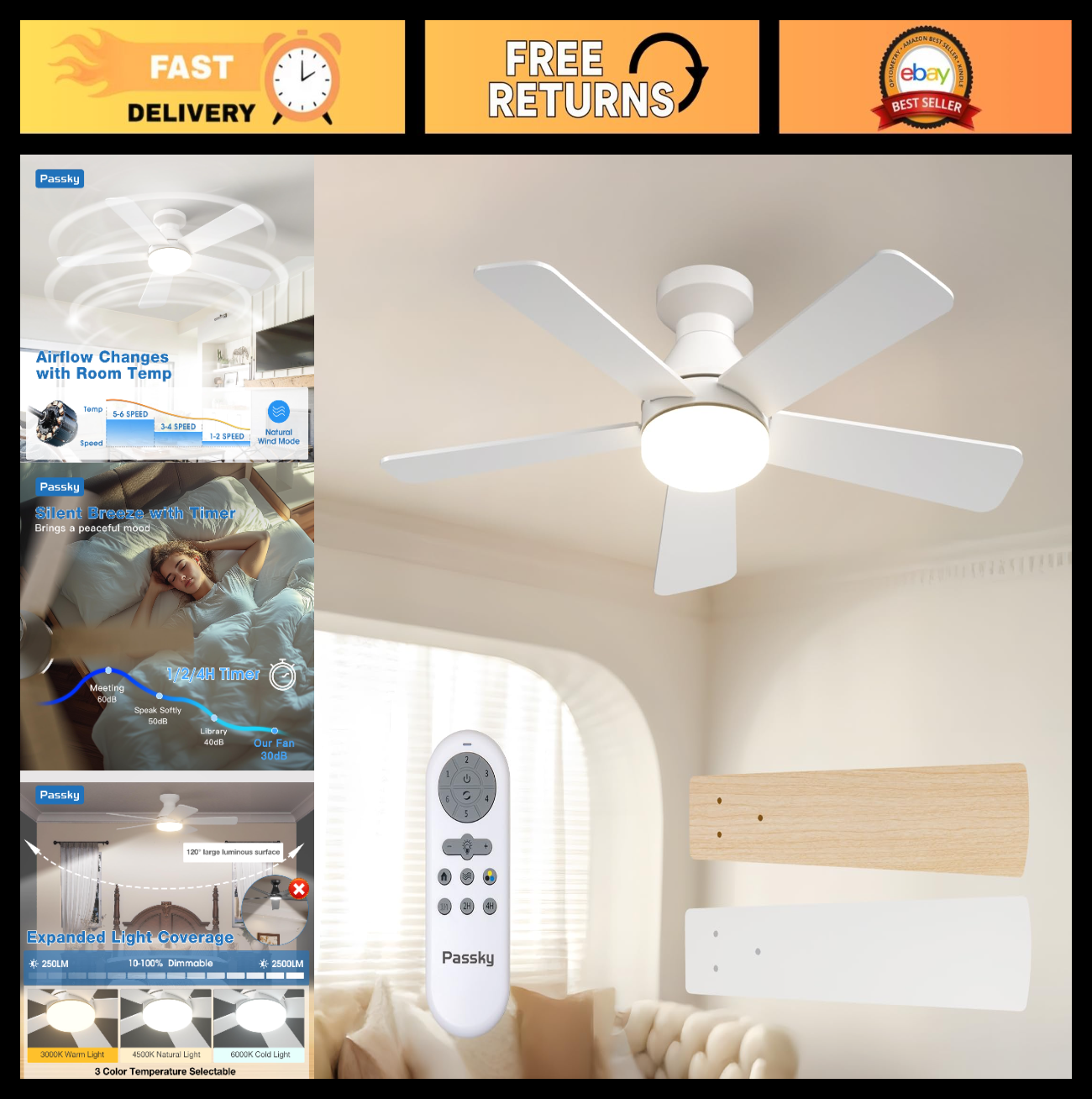 42" White Low Profile Ceiling Fan with Lights & Remote   Dimmable, Quiet Motor,0