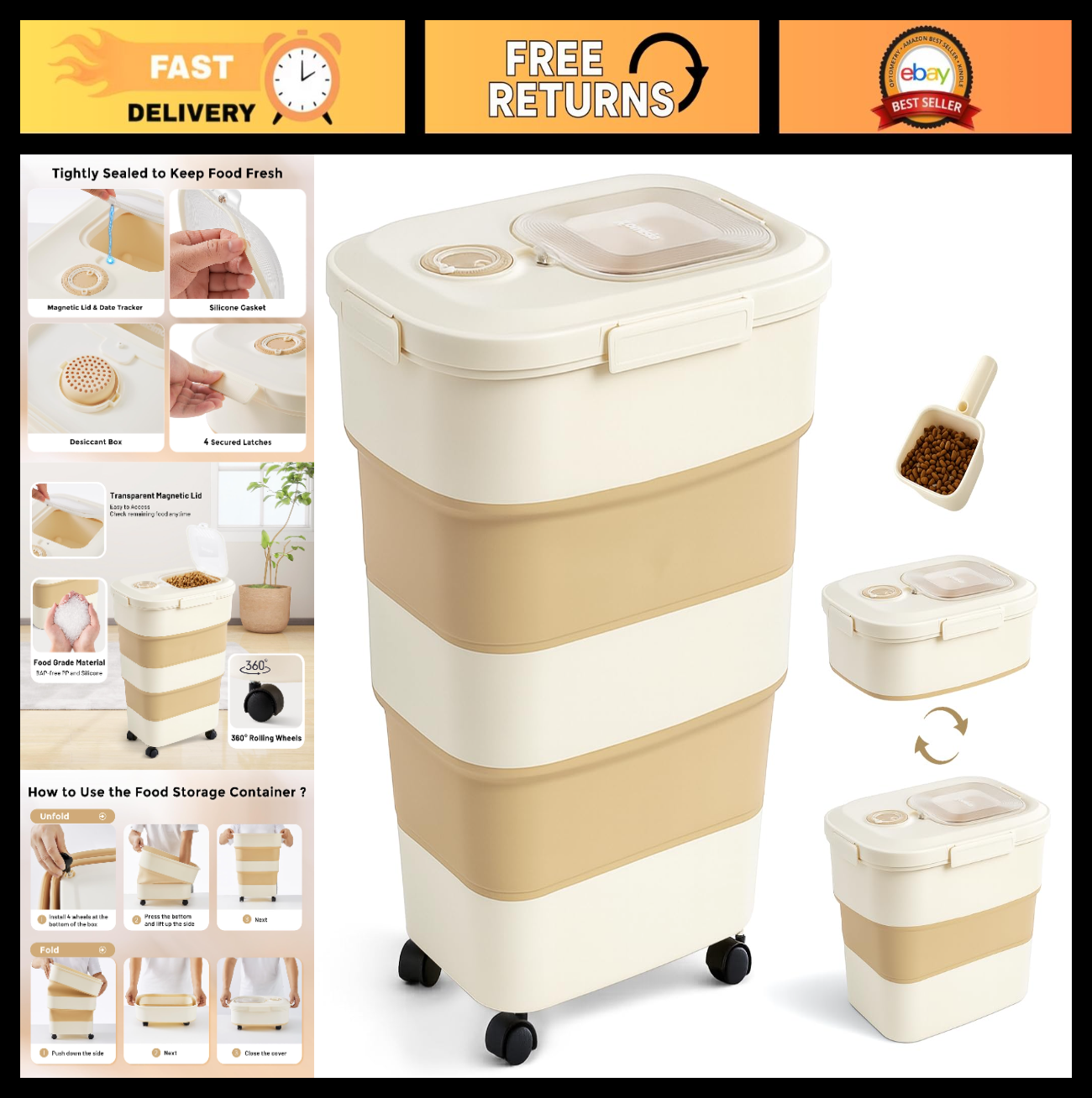 Large Airtight Dog Food Storage Container 40-50lbs with Wheels, Scoop & Date Tra0