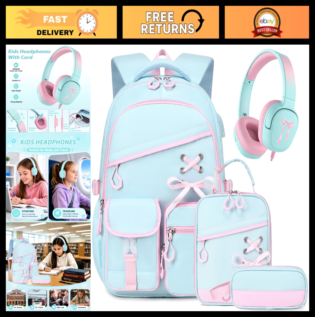 Stylish Girls Backpack with Wired Headphones, School Bag for Teens & Kids0