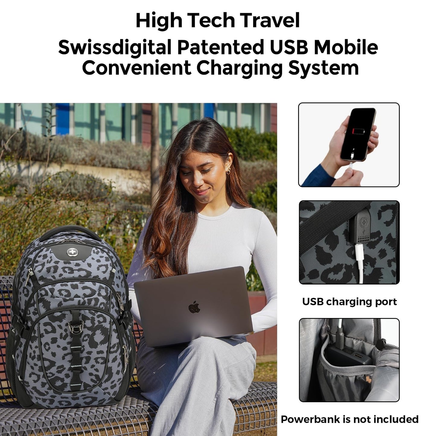 Stylish Gray Leopard Laptop Backpack with USB Charging Port & Water Resistant De4