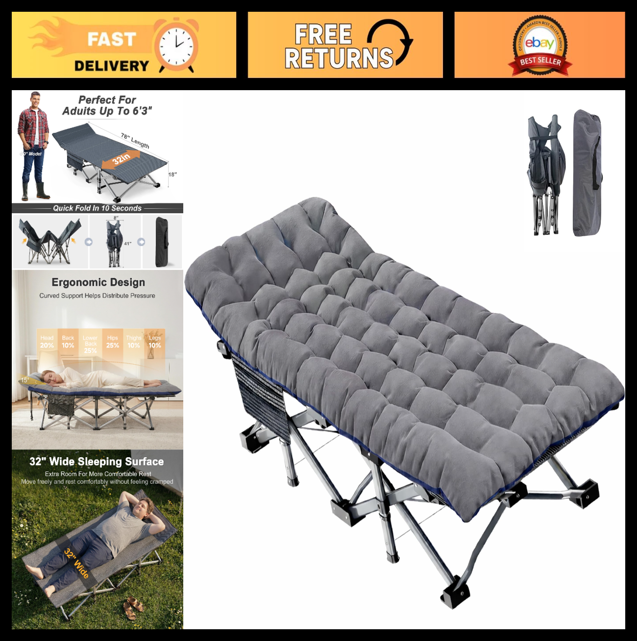 Oversized Camping Cot for Adults   78" Folding Bed, 900LBS Heavy Duty, Portable0