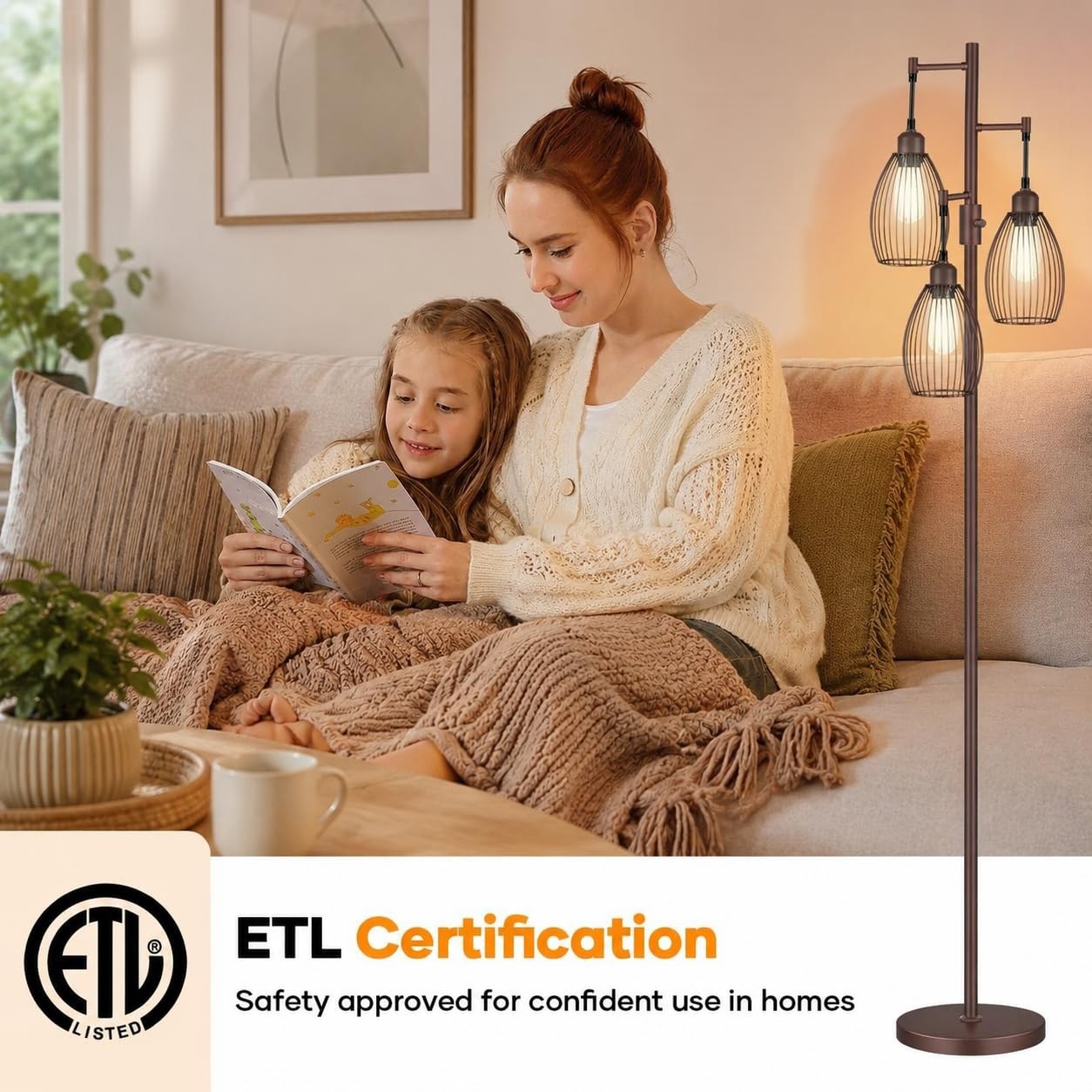 Dimmable Floor Lamp with 3 LED Bulbs, Industrial Tree Design for Living Room, Be4