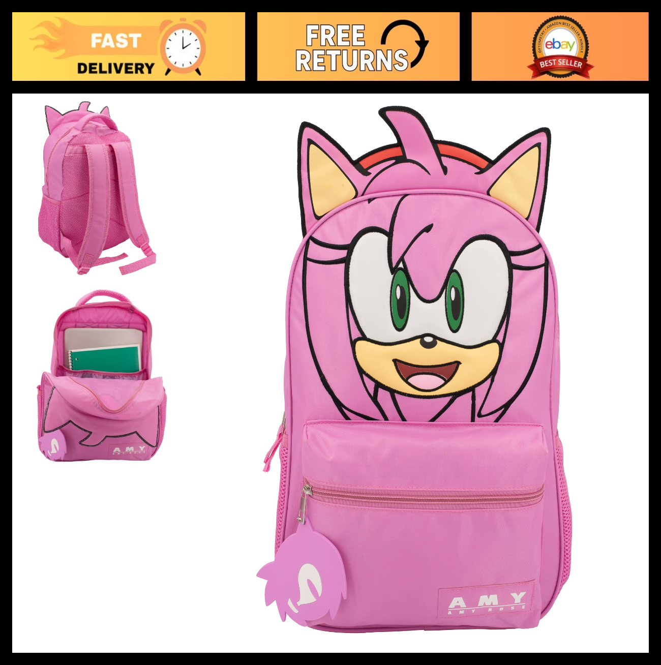 Sonic Hedgehog Backpack for Kids, 16" School Bag with Adjustable Straps & 3D Fea0