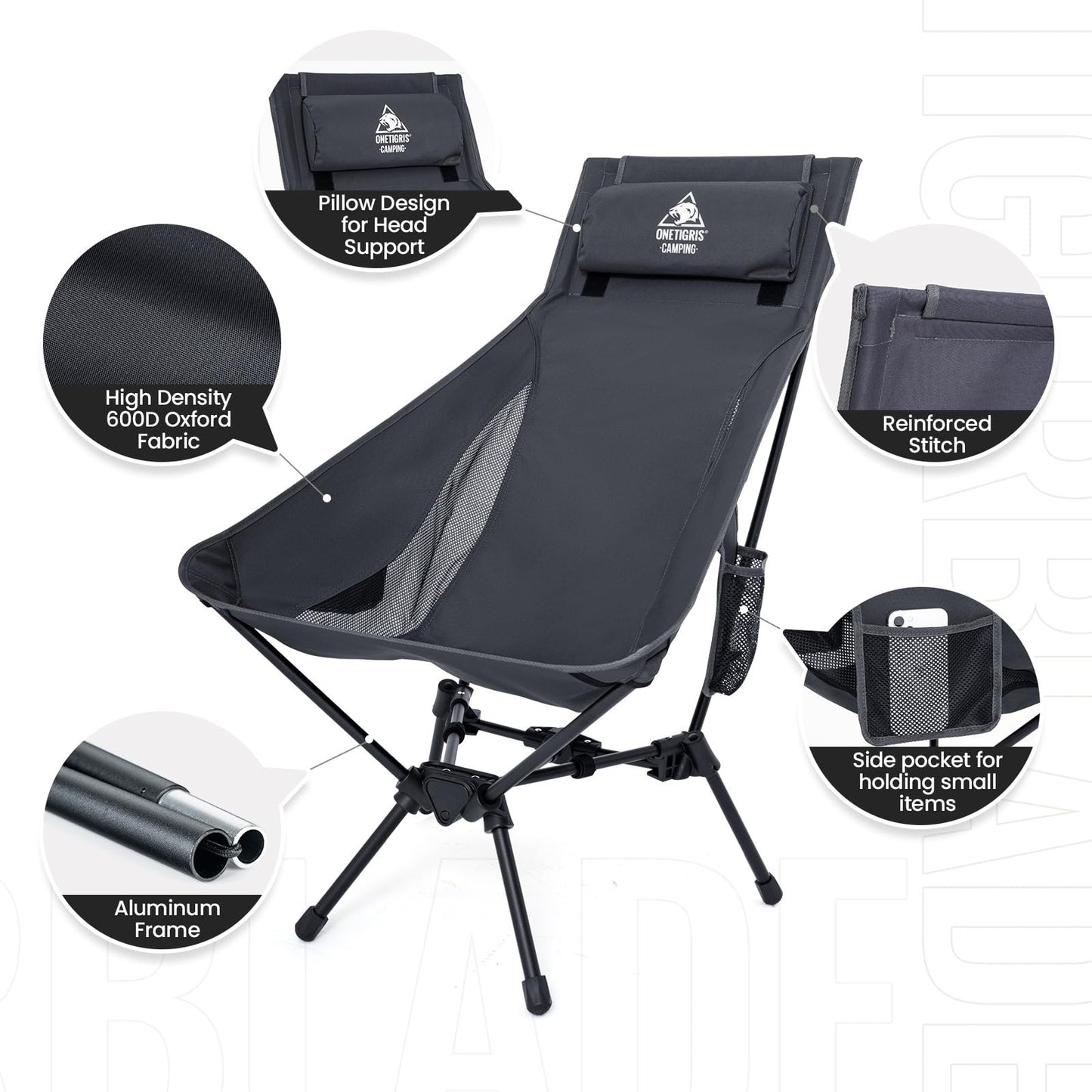 High Back Camping Chair with Pillow, Comfortable Widened Folding Seat for Outdoo4