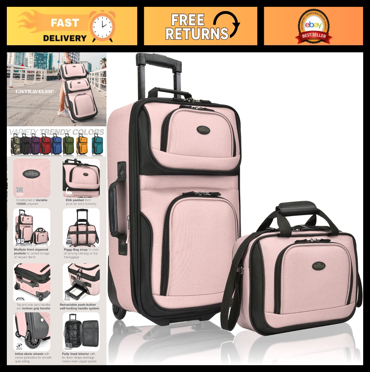 Lightweight Softside Rolling Carry-on Suitcase Set, 2-Wheel, Pink Travel Luggage0