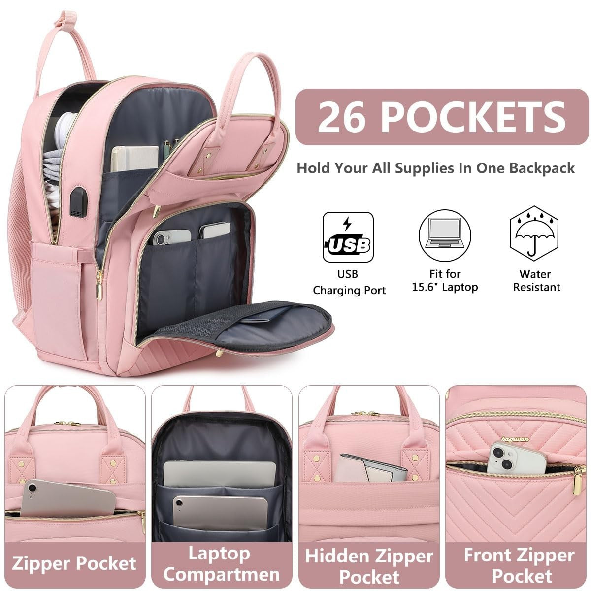 Stylish 15.6" Laptop Backpack for Women   Waterproof Travel Work Bag with USB Ch2