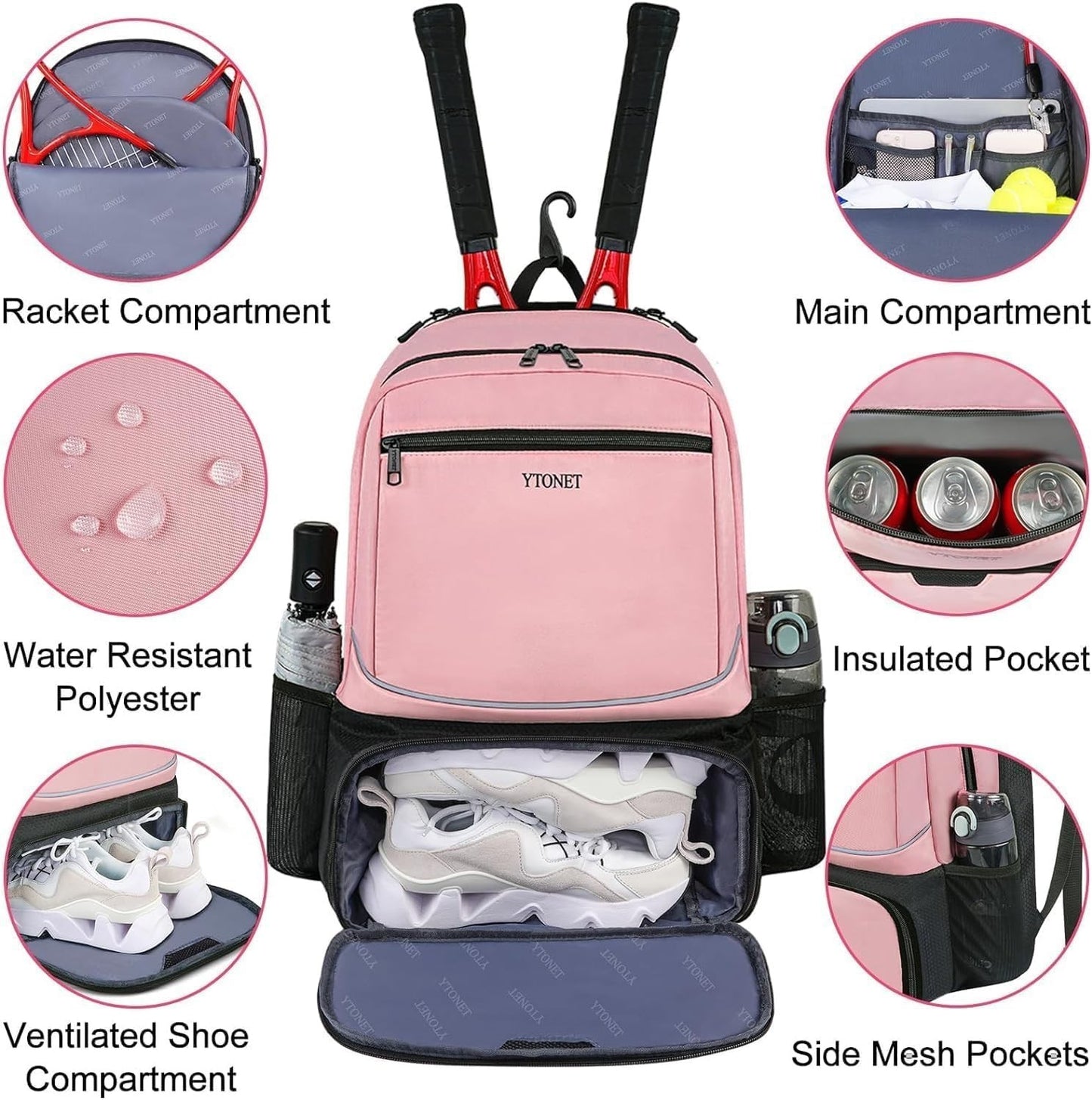 Insulated Tennis Backpack for 2 Rackets, Ventilated Shoe Compartment, Unisex3