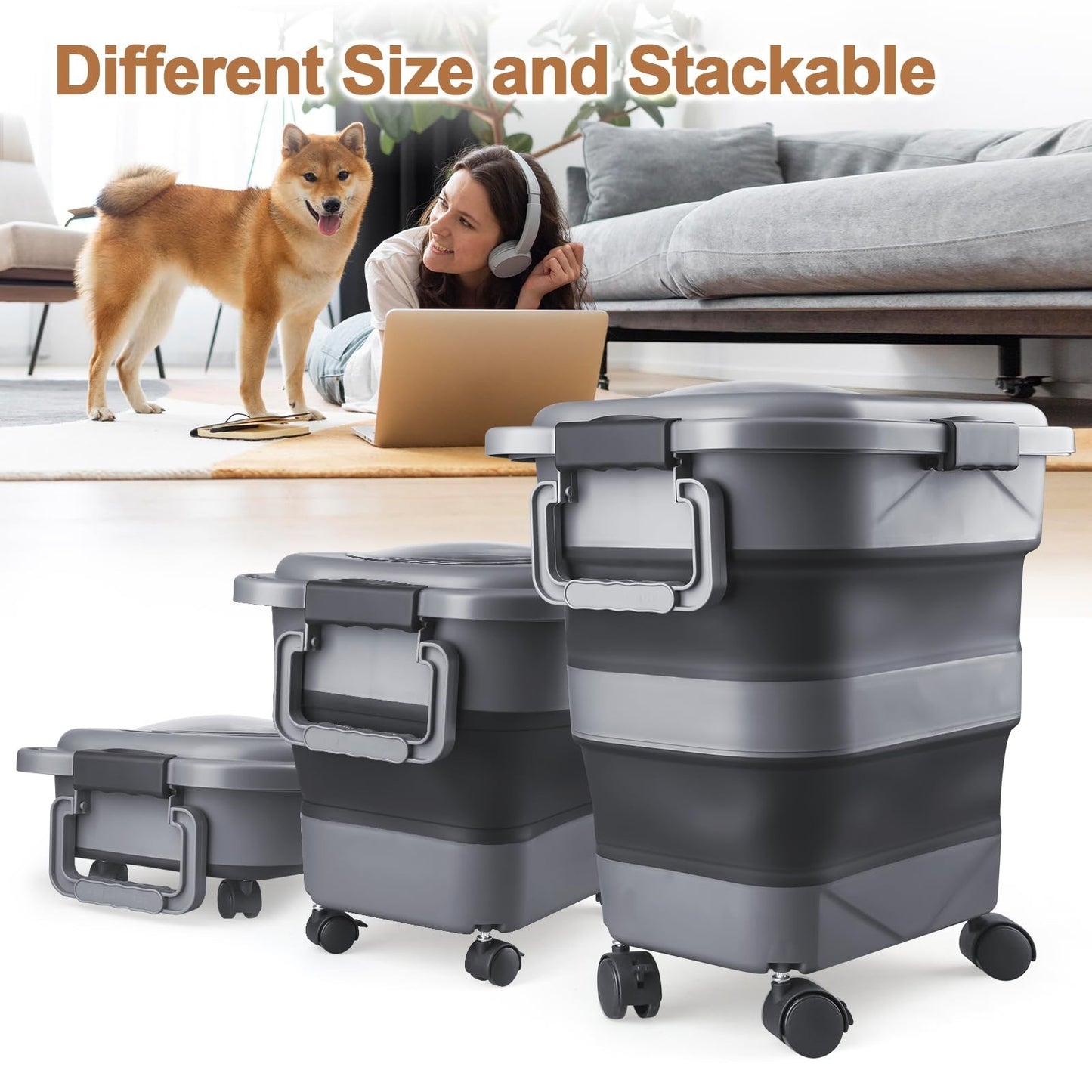 Airtight Dog & Cat Food Storage Container 2 Pack, 25 lbs, Collapsible, Wheels &4