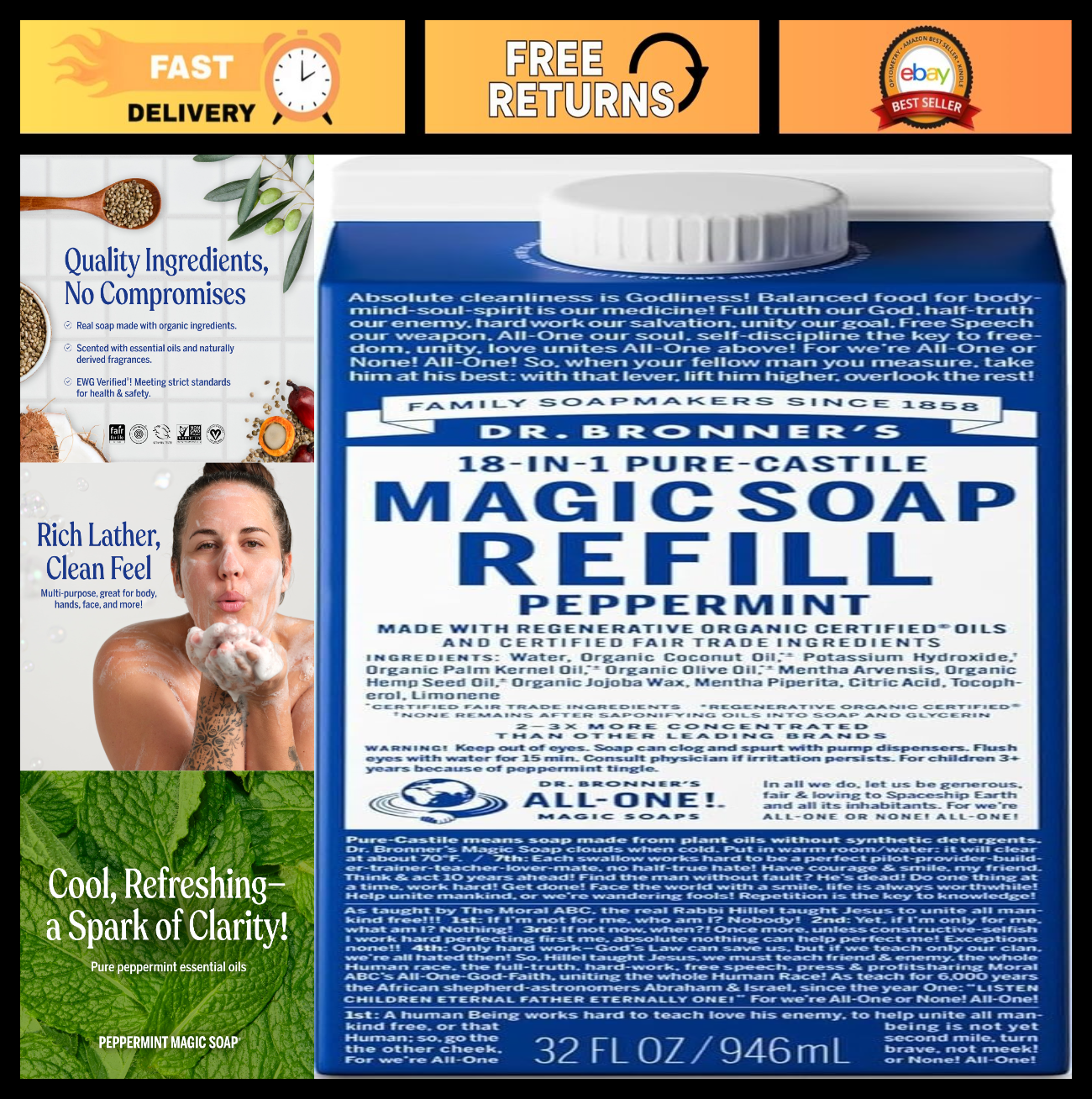 Pure-Castile Liquid Soap Refill - 18-in-1 Uses, Organic Oils, Peppermint, 32oz0
