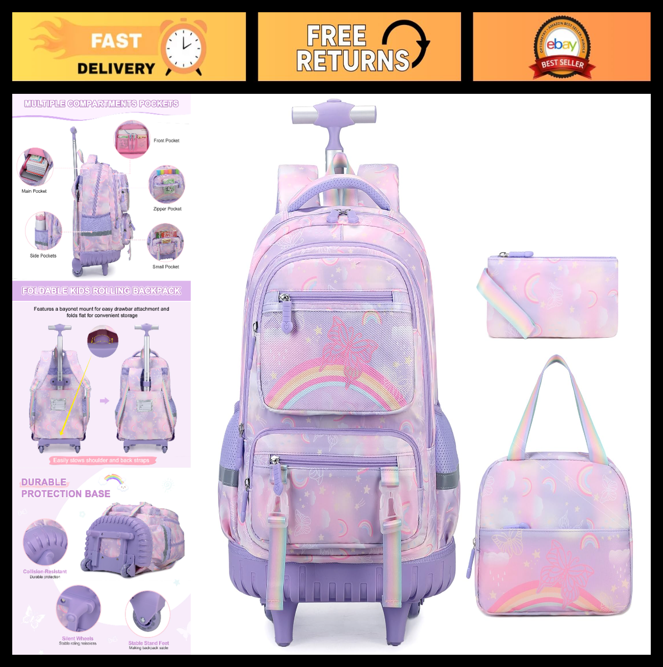 3PCS Girls Rainbow Butterfly Rolling Backpack Set with Lunch Box   Purple0