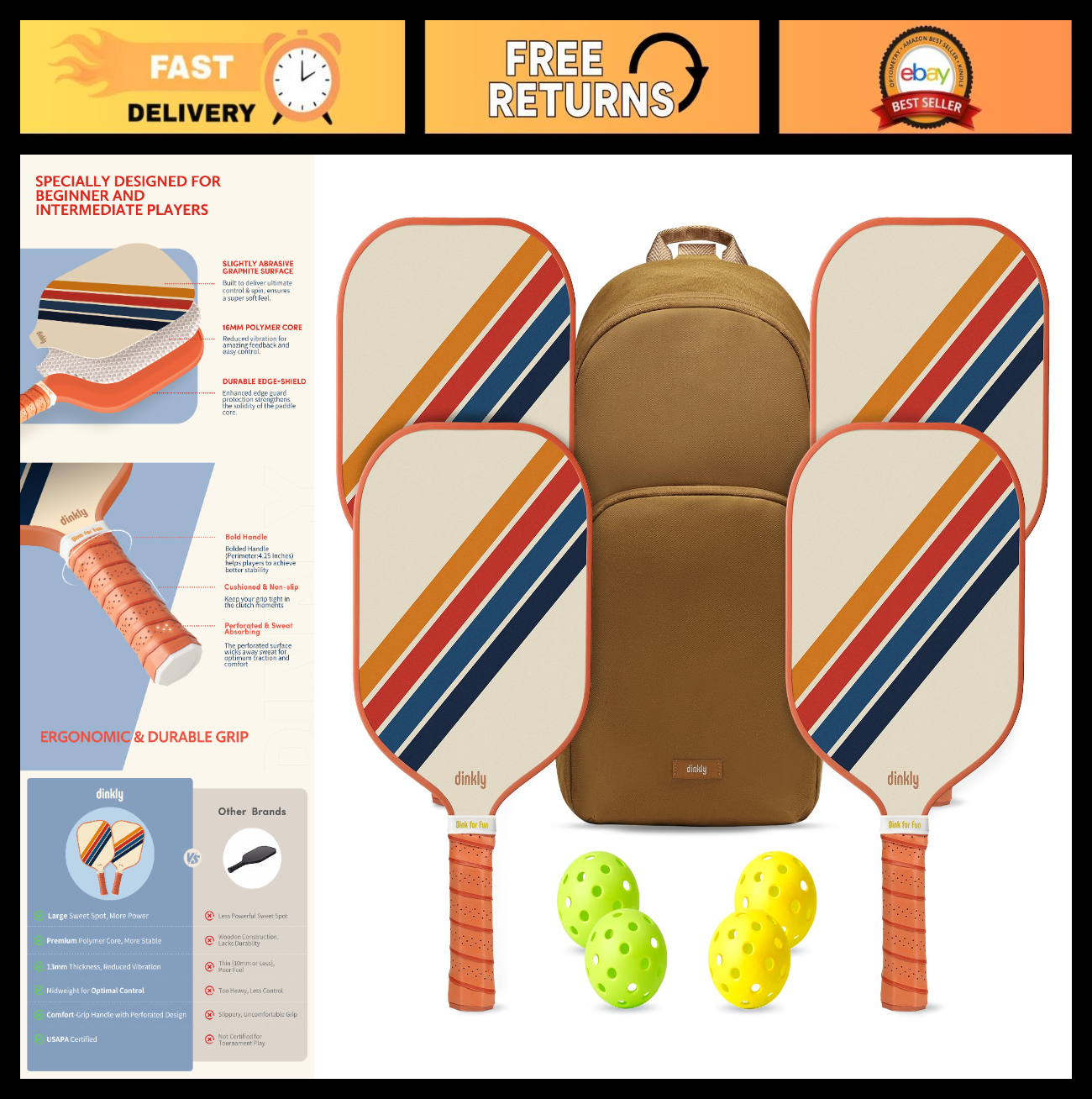 Pickleball Paddle Set of 2/4 - USAPA Approved, Graphite/Fiberglass, 4 Balls & Ba0