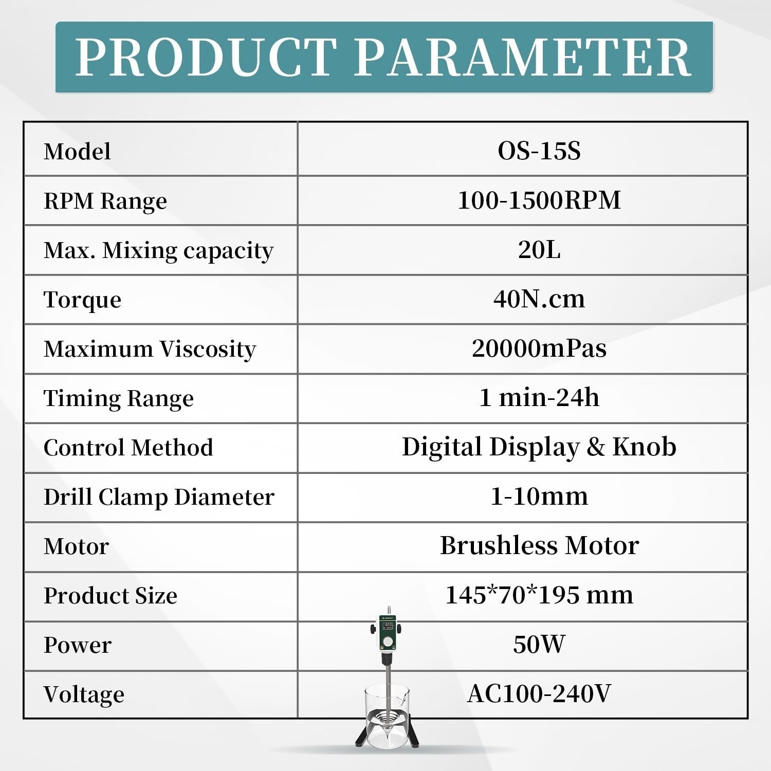 High Viscosity Overhead Stirrer 20L, 100-1500RPM, Digital Timer, Lab Mixer, Padd5