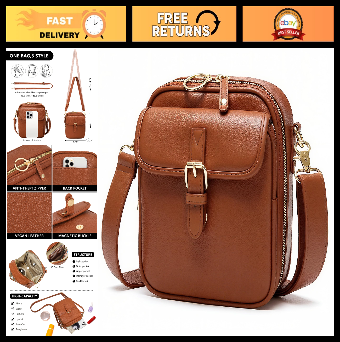 Vegan Leather Crossbody Bag for Women - Vintage Anti-Theft Messenger Purse with0