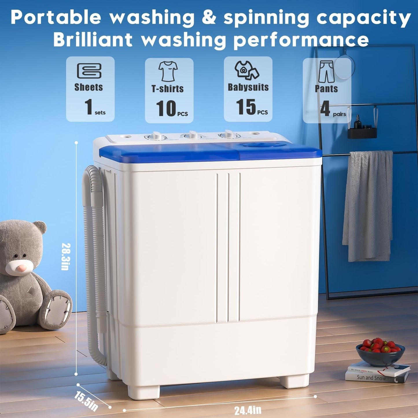 Compact Portable Washing Machine 20lbs Twin Tub Mini Laundry with Drain Pump, 122